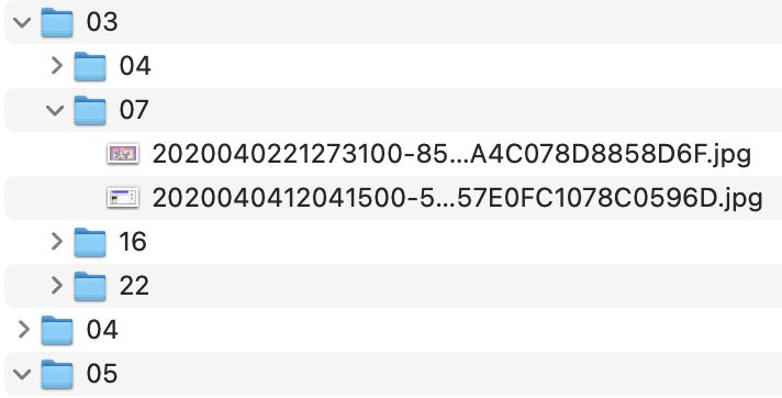 A macOS hierarchy of folders with numerical filenames