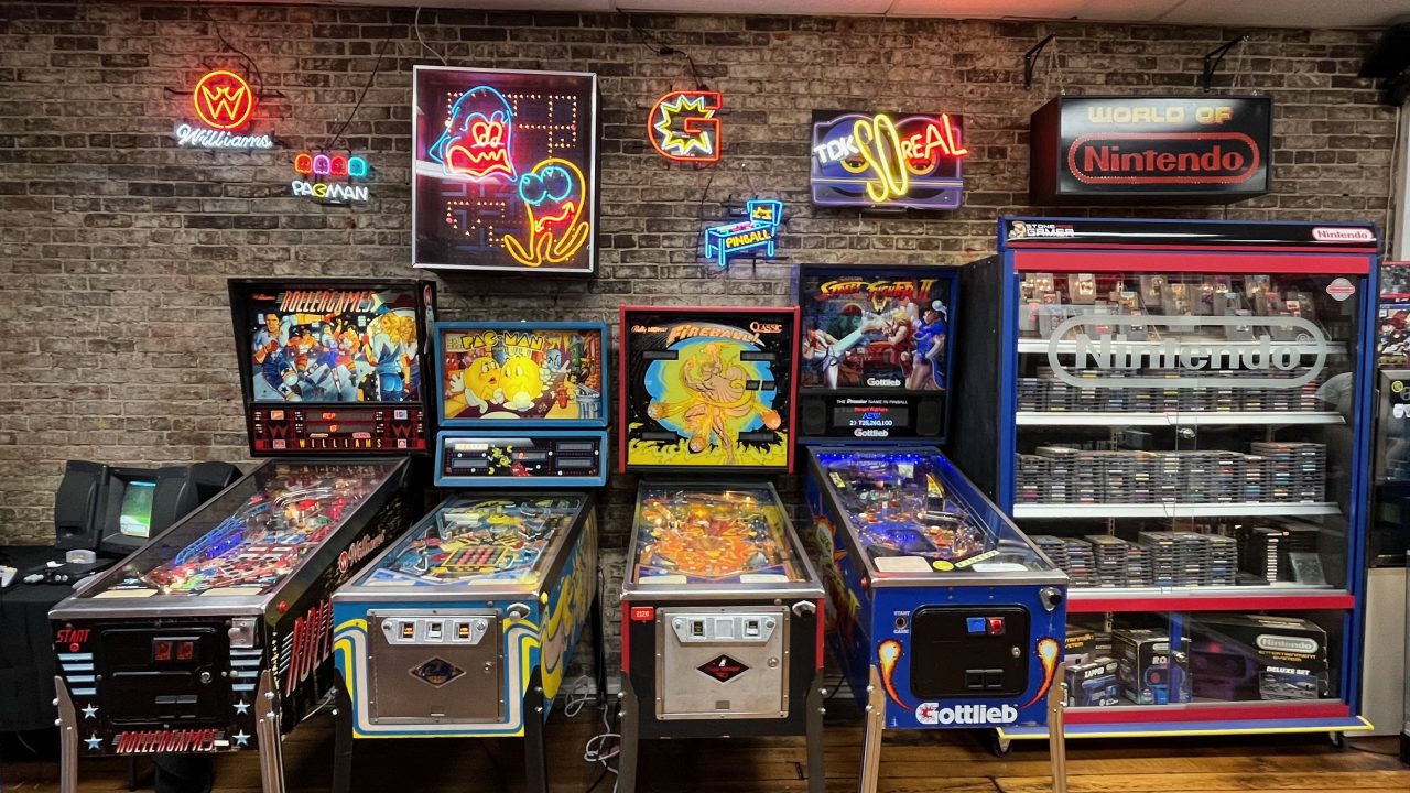 Four arcade pinball machines