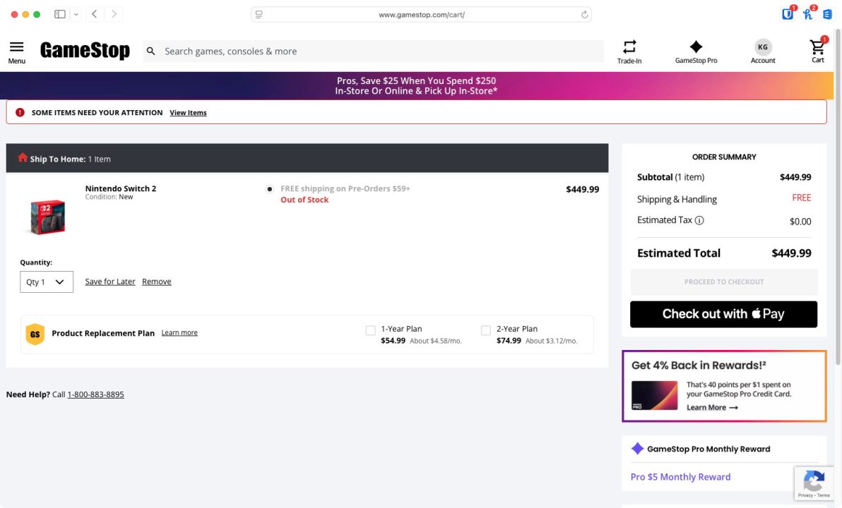A GameStop online cart with an out-of-stock Switch 2